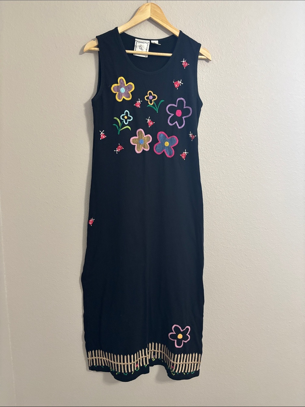 Michael Simon Lite Black Floral Embroidered Sleeveless Maxi Dress Size S Ladybug